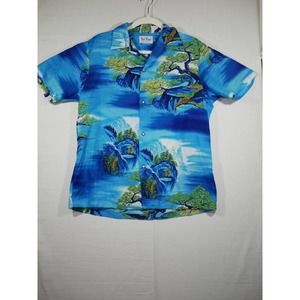 Bai Nani Men's Shirt Short Sleeve Blue Waterfall Hawaiian Button -Damaged-
